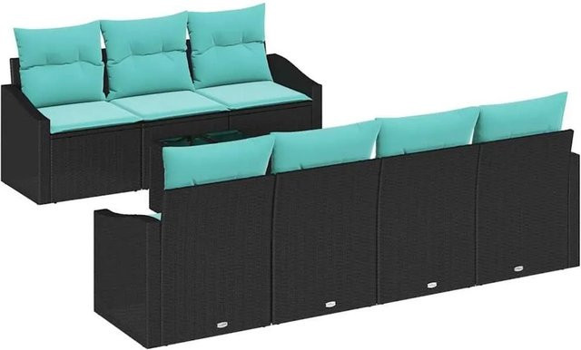 vidaXL Sofa Set aus Poly-Rattan in Schwarz und Türkis mit 8 Teilen und Kissen - Bild 1