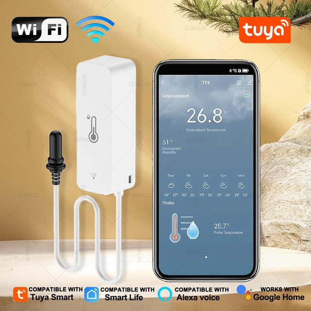 Tuya WiFi Temperatur-Feuchtigkeitssensor mit externer Sonde in Weiß zur App-Steuerung für Kühlschrank und Aquarium - Bild 1