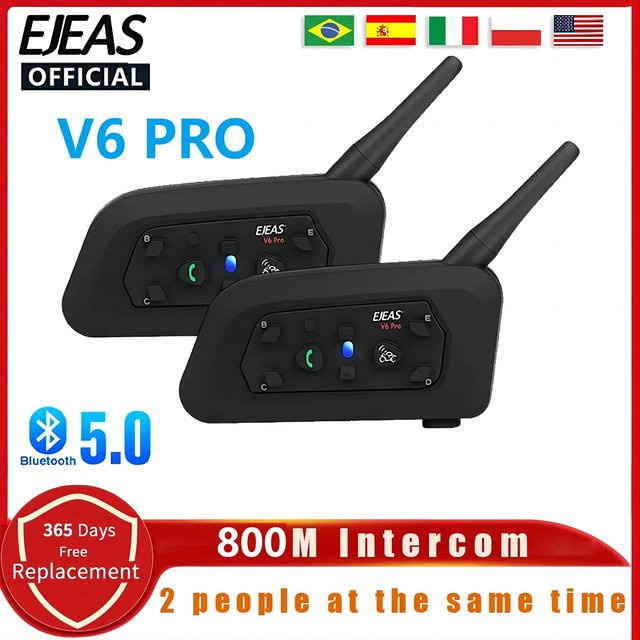 Ejeas V6 Pro Bluetooth Motorrad Helm Headset Intercom mit 800m Reichweite für 2 Fahrer, IP65 wasserdicht, Schwarz - Bild 1