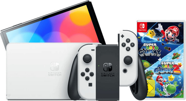 Nintendo Switch OLED Konsole Weiß mit Ethernet/LAN und Super Mario Galaxy 1+2 Bundle - Bild 1