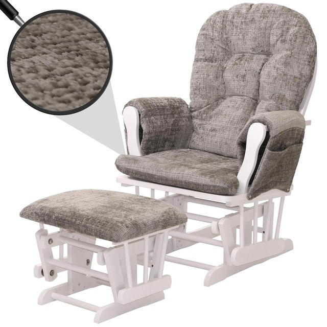 MCW Relaxsessel C76 Schaukelstuhl mit Hocker aus Chenille Stoff in Hellgrau und weißem Birkenholz-Gestell - Bild 1