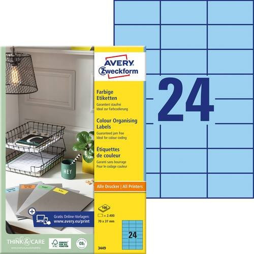 Avery Zweckform Universal-Etiketten 3449, Blau, Papier, B/H: 70 x 37 mm, 2400 Stück - Bild 1