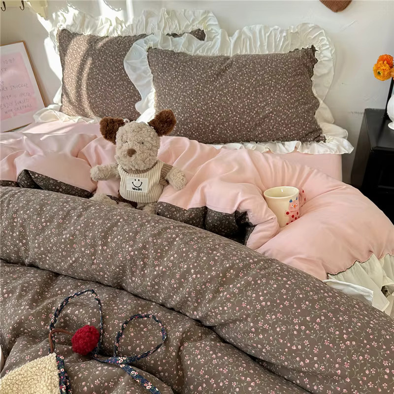 Gooogos Bettwäsche-Set im koreanischen Prinzessinnen-Stil mit Blumenmuster und Rüschen in Braun - Bild 2