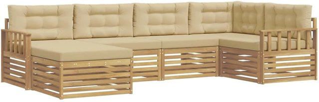 vidaXL Outdoor-Sofagarnitur 6-teilig L-Form aus Akazienholz mit Kissen in Weiß und Beige - Bild 1