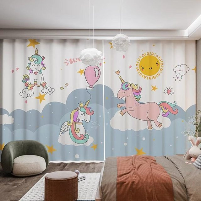 Yiran Furniture Einhorn Vorhang für Kinder und Mädchen in Rosa und Mehrfarbig, 2er Set mit Haken, B/H: 70 x 185 cm - Bild 1