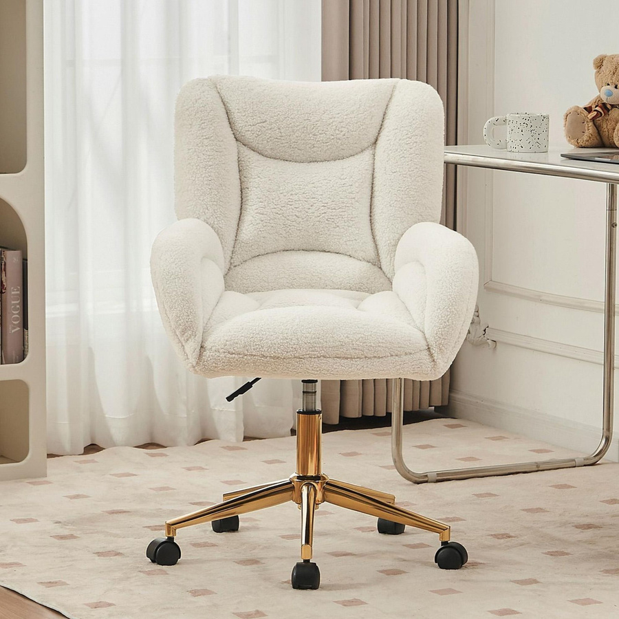 DEKO COLLECTION Teddy-Bürostuhl aus Bouclé in Weiß mit goldener Metallbasis, höhenverstellbar und drehbar, B/T/H: 64 x 62 x 97 cm - Bild 2