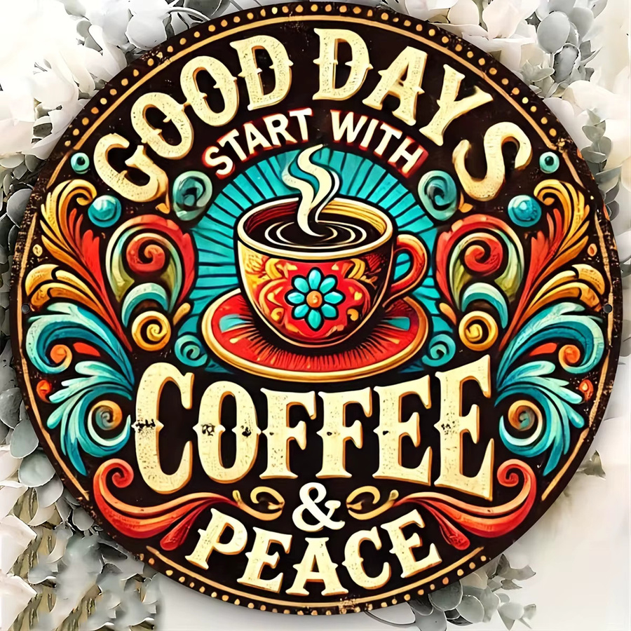 Potdemiel Vintage-Metallwandkunst Coffee & Peace, runder Retro-Kranzdekor mit Kaffeetassen-Design und floralem Muster, Mehrfarbig, Durchmesser: 20,3 cm - Bild 4