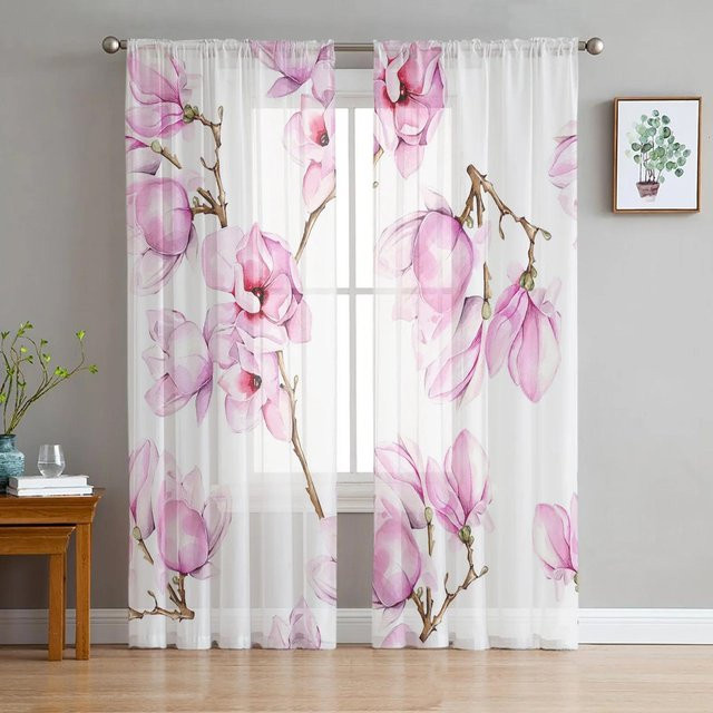 Yiran Furniture Voile Vorhang mit Orchideen- und Bambus-Blumenmuster, Transparent, Pink, Breite: 135 cm, Höhe: 245 cm - Bild 1