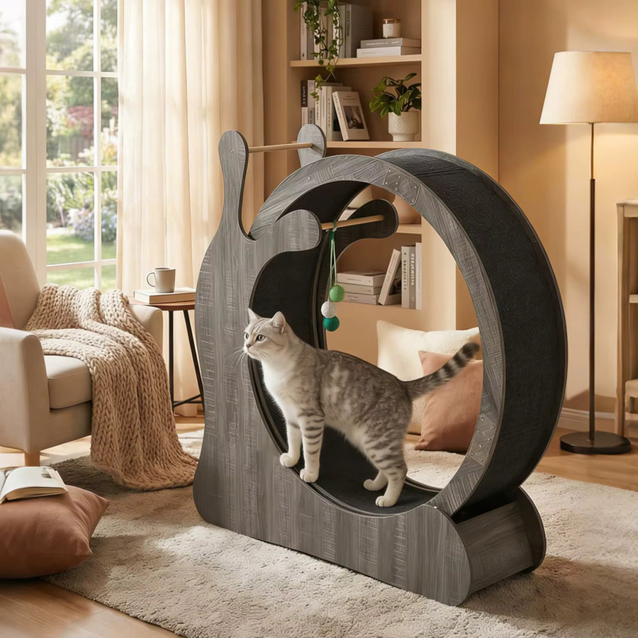 HiMISS Geräuschloses Katzen-Laufrad aus Holz in Grau mit Sisal-Kratzmatte und Hängespielzeug - Bild 4