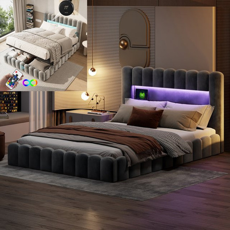 Rosahqnda Hydraulisches Doppelbett aus Samt mit LED-Beleuchtung und USB-Anschluss, Gepolstertes Bett mit Stauraum in Grau, B/T: 180 x 200 cm