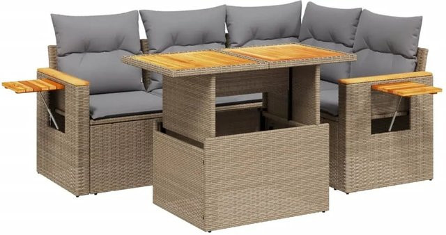 vidaXL 5-tlg Garten-Sofagarnitur in L-Form aus Polyrattan und Akazienholz mit Kissen in Beige - Bild 1