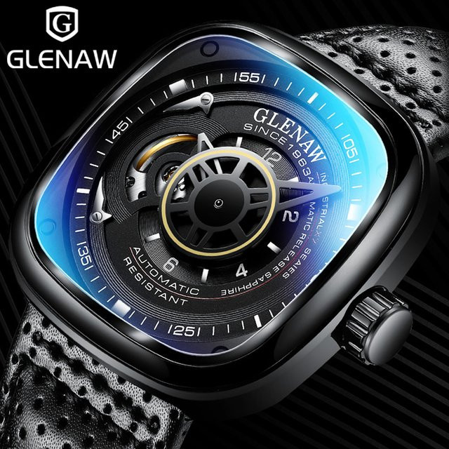 GLENAW Design Armbanduhr Automatik, Edelstahl, Leder, Schwarz, Herren - Bild 1