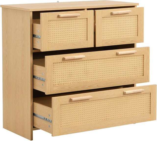 okwish Sideboard mit 4 Schubladen und Rattan-Design in Natur/Beige, B/T/H: 80 x 38 x 80 cm - Bild 1