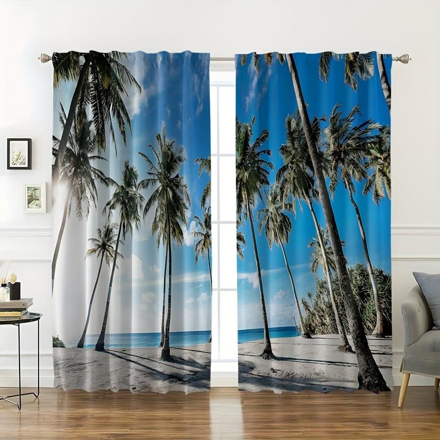 2er-Set Yiran Furniture Vorhang mit Strand- und Palmenmotiv in Blau, semi-transparent, mit Stangentasche, Höhe: 130 cm, Breite: 50 cm - Bild 1