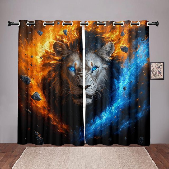 2er-Set 3D Feuer Eis Löwen Vorhänge mit Kontrastdruck für Wohnzimmer und Schlafzimmer, Mehrfarbig, B: 50 cm, H: 130 cm - Bild 1