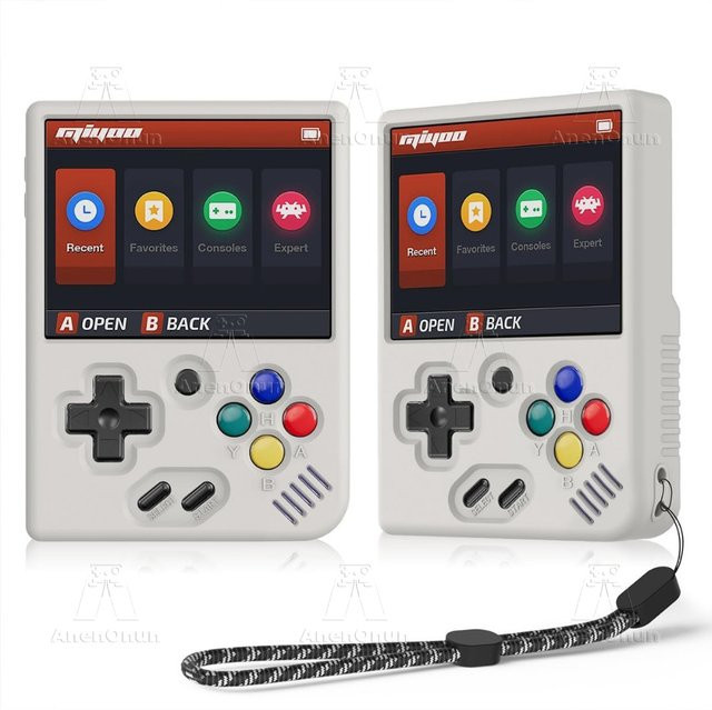 AnenOnun Silikon-Schutzhülle für Miyoo Mini Plus mit Trageband in Purple und White, sturzsichere Softshell-Abdeckung für Retro-Handhelds - Bild 1