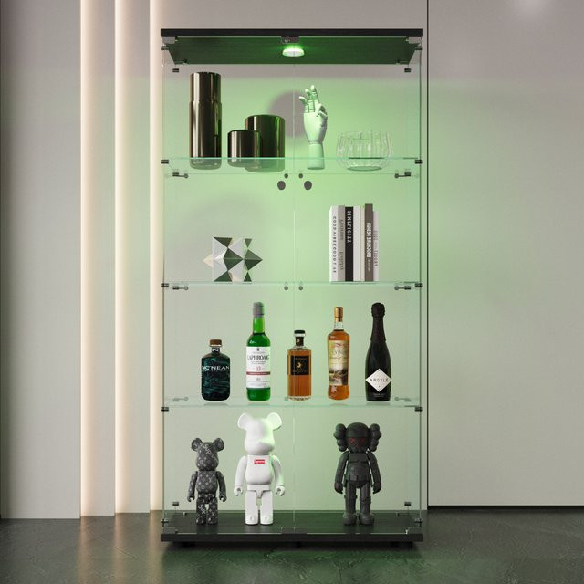 Superaly 4-Schicht-Glasschrank in Schwarz, transparente Standvitrine mit Doppeltüren für Wohnzimmer und Büro - Bild 1