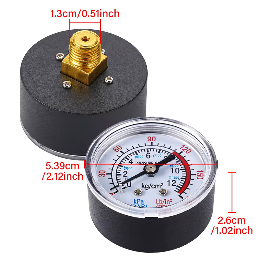 KingHui Manometer mit Doppelskala 0-180 PSI und 0-12 Bar, Gewinde 1/4 BSP, Schwarz - Bild 4