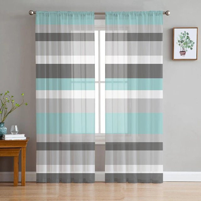 A Family Of Home Textiles Transparenter Tüllvorhang mit geometrischem Streifenmuster in Grün, Grau und Türkis, B: 135 cm, H: 160 cm - Bild 1