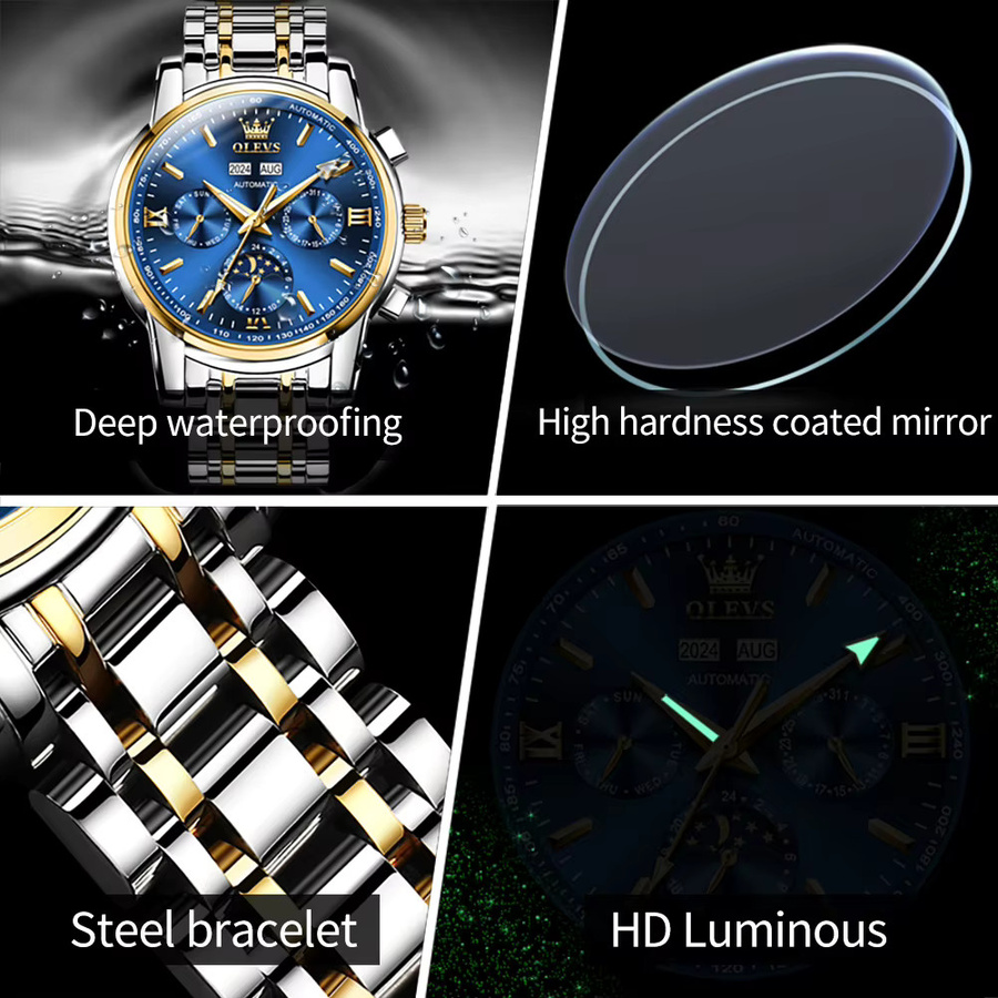 OLEVS Armbanduhr Automatik, Edelstahl, Blau, Herren, Mondphasen, Doppelkalender - Bild 3