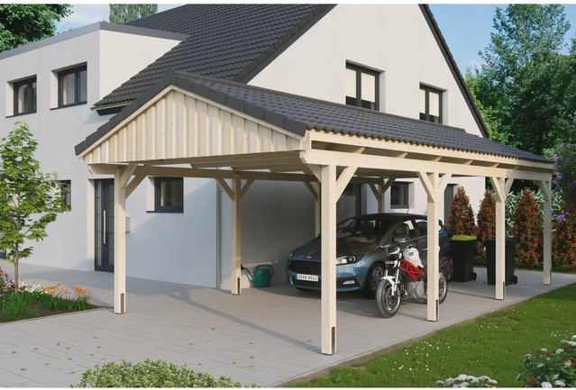 Skan Holz Carport Fichtelberg aus Fichte Leimholz in Beige mit spitzer Dachform, B/T: 423 x 808 cm, Höhe: 326 cm - Bild 1