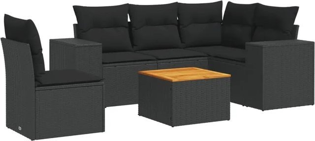 vidaXL 6-teilige Garten-Sofagarnitur aus Poly-Rattan und Akazienholz in Schwarz mit Kissen - Bild 1