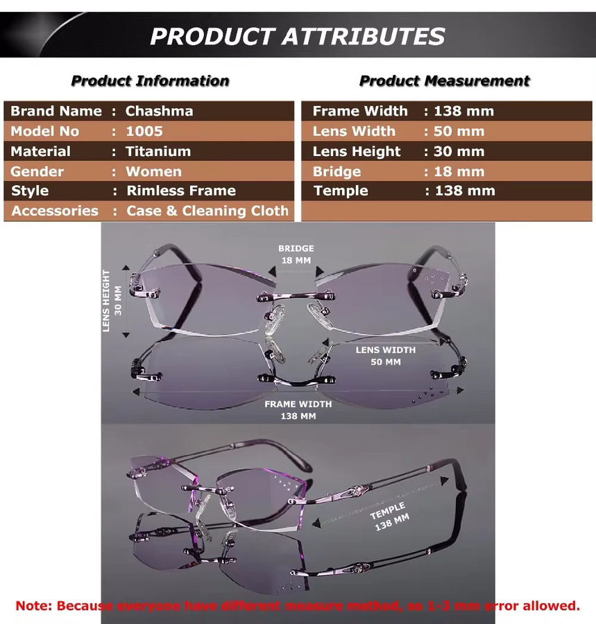 Chashma Korrektionsbrille randlos, Titan, Damen - Bild 3