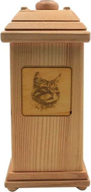 Dekohelden24 Tierurne für Katzen aus Buchenholz mit Katzenmotiv, braun, B/T/H: 12 x 12 x 30 cm - Bild 1