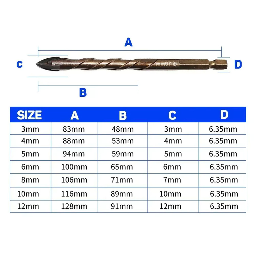 STONEGO Kreuz Hex Fliesen Bits aus Legierung zum Bohren in Glas, Keramik und Beton, Durchmesser: 3 mm bis 12 mm - Bild 5