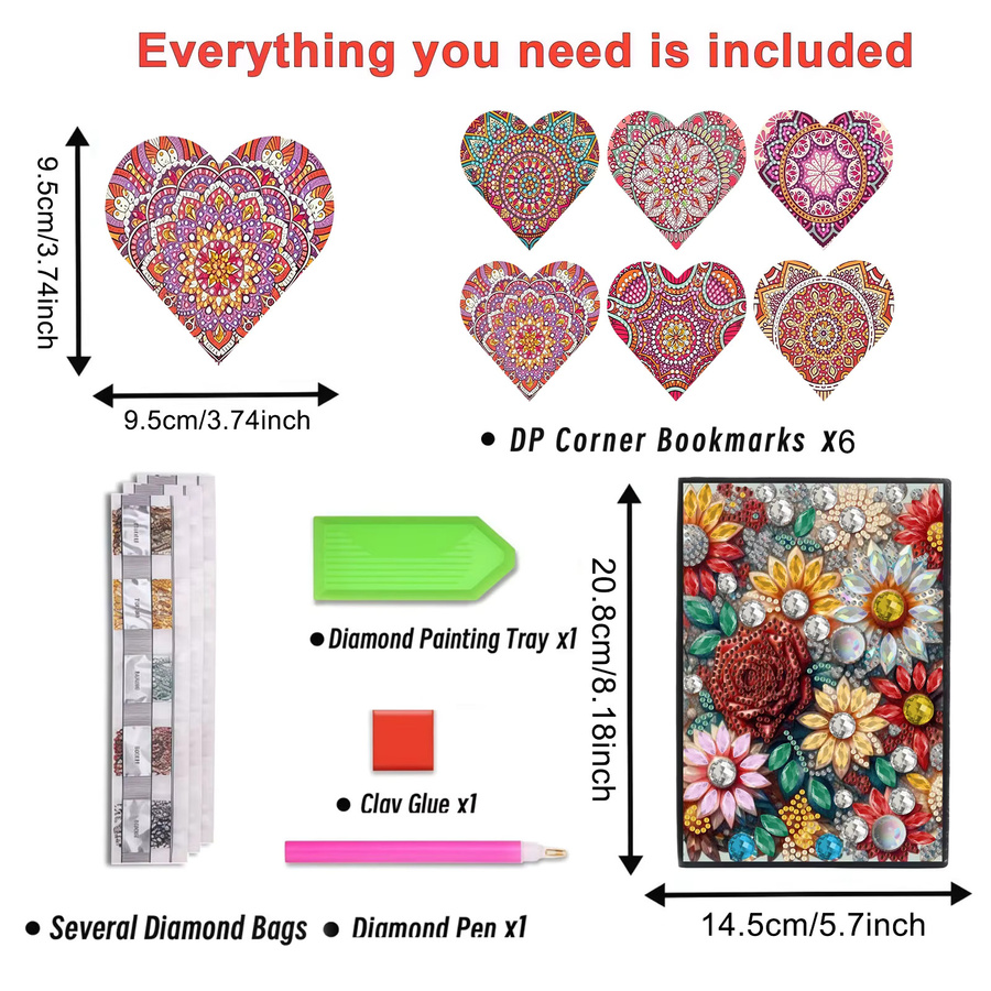 7-teiliges Diamond-Painting-Set mit Notizbuch aus PU-Leder und 6 Lesezeichen in Multicolour mit Mandala- und Blumenmustern - Bild 2