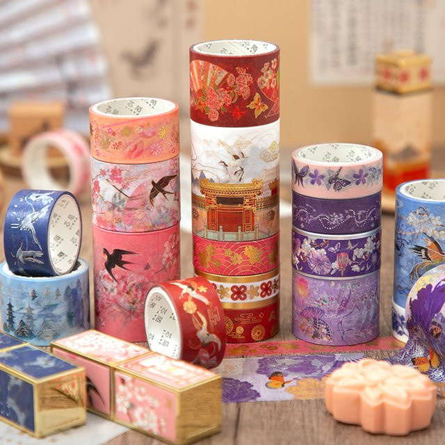 5er Set dekorative Papierrollen im chinesischen Retro-Stil mit Landschaftsmotiven und Bronzing-Effekt - Bild 1