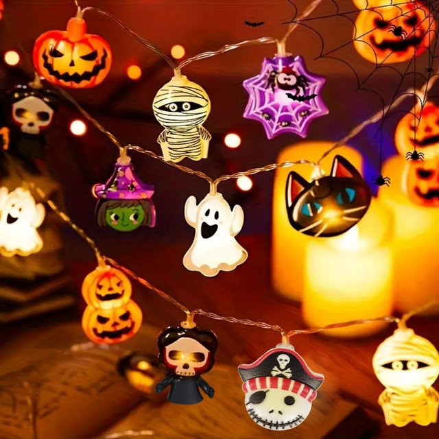 Peach Forest Halloween LED Lichterkette batteriebetrieben in Mehrfarbig mit Geister, Hexe, Katze, Kürbis, Spinnennetz, Skelett und Mumie für die Innenraumdekoration - Bild 1