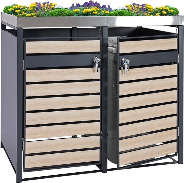 MCW 2er Mülltonnenverkleidung mit Pflanzkasten J81 in Anthrazit und Buche-Holzoptik aus Metall, B/T/H: 125 x 132 x 80 cm - Bild 1