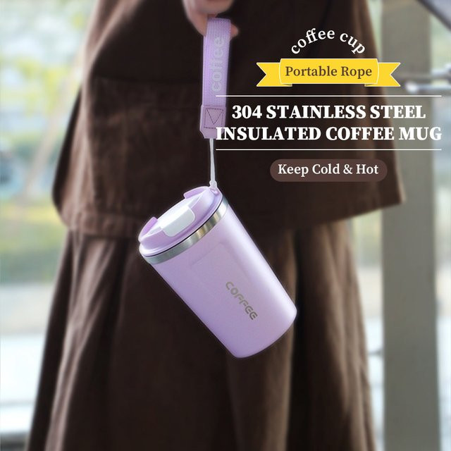 WATERSY Kaffee-Isolierbecher aus Edelstahl in Blau, 380 ml Vakuum-Thermobecher mit Seil für heiß und kalt - Bild 1