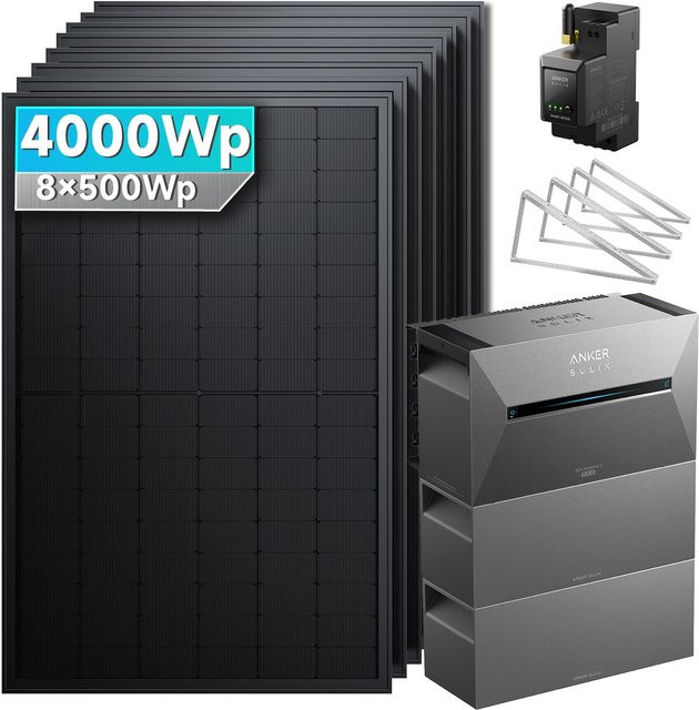 Anker SolarMars Balkonkraftwerk 4000W mit Speicher Anker SOLIX Solarbank 3 E2700 Pro, 2x BP2700 und Flachdachhalterung, Schwarz - Bild 1