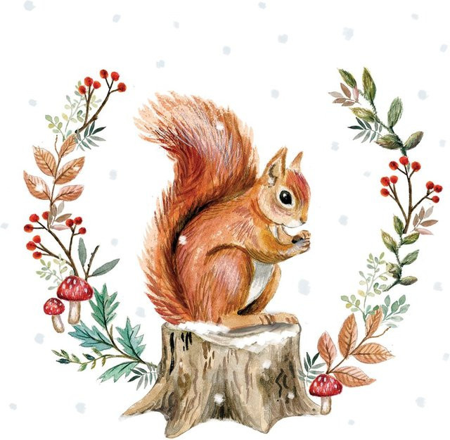 Serviette Eichhörnchen und Herbstkranz aus Papier, weiß, 20 Stück - Bild 1