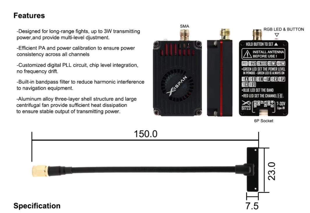 RUSHFPV Super Wideband VTX 6,1–7,2 GHz 3 W FPV-Videosender und Empfänger-Kit in Schwarz - Bild 2