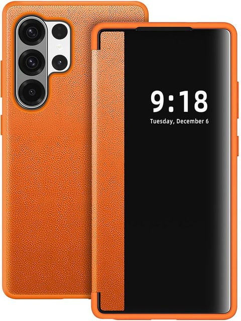 Business Smart View Flip Lederhülle für Samsung Galaxy S26 Ultra, S26+, S25, S24 und S23 Ultra mit Fallschutz in Grün und Orange - Bild 1