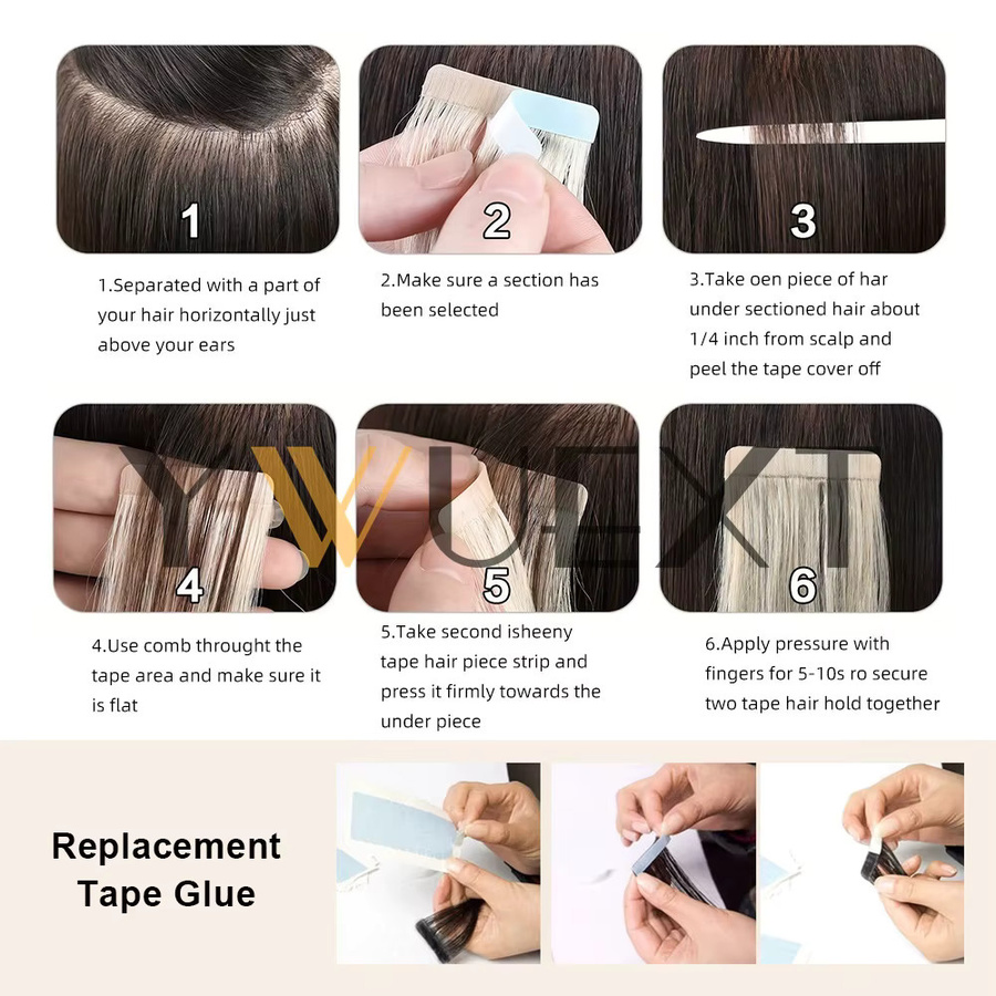 YWEXT Tape-In Echthaarverlängerungen, Skin Weft, 20 Stück/Packung, Schwarz Braun Glatt - Bild 3