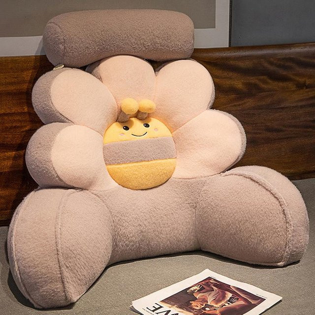 Taillenkissen mit Cartoon-Blumen- und Tiermotiv in Beige, U-förmiges Rückenkissen für Bürostuhl, Sofa oder Bett, B/H: 60 x 75 cm - Bild 1