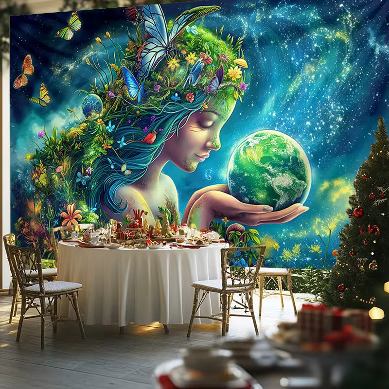 VIKAMA Wandteppich Erde-Göttin mit mystischem Gaia-Motiv in Grün und Multicolour, Wandbehang im Boho-Stil, Breite: 60 cm, Höhe: 40 cm - Bild 2