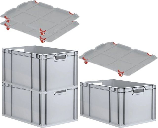PROREGAL SuperSparSet 3x Eurobox NextGen Grip mit Auflagedeckel und 4 roten Schiebeschnappverschlüssen, Grau, H: 32 cm, B: 40 cm, T: 60 cm - Bild 1