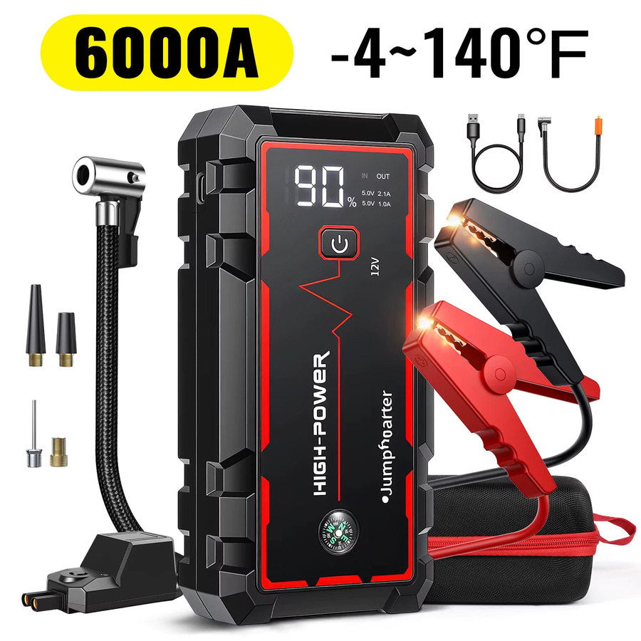 4-in-1 Auto-Starthilfe mit 6000A Spitzenstrom, Notfall-Batteriebooster, 150PSI Luftkompressor und USB-Schnellladung in Schwarz - Bild 6