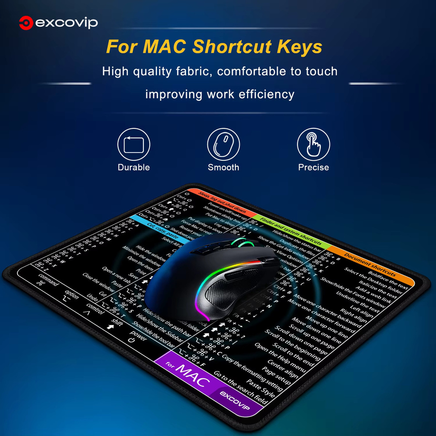 EXCO Mac OS Shortcuts Mauspad in Schwarz mit genähtem Rand und rutschfester Gummiunterseite - Bild 3