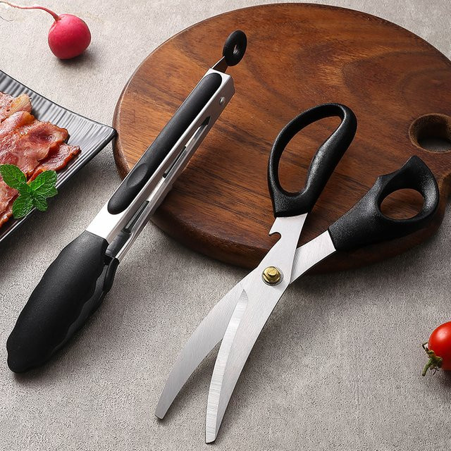 Grill Schere Set mit gebogener Klinge aus Edelstahl und Silikon sowie Lebensmittel Clip in Schwarz - Bild 1
