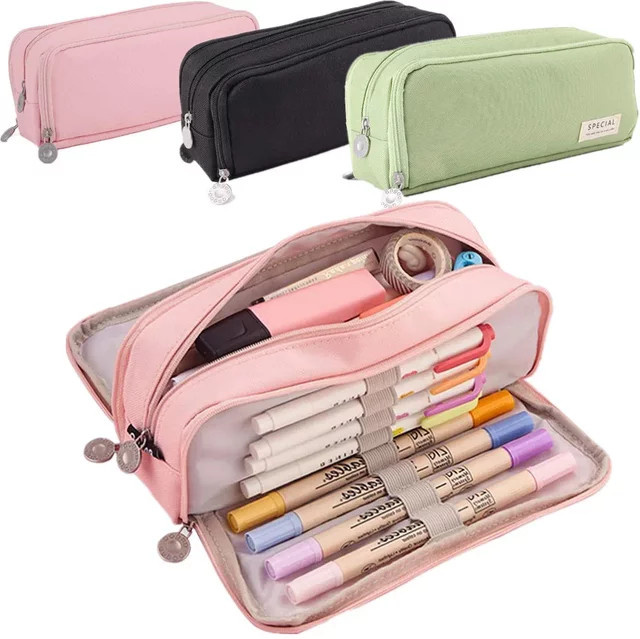 Multifunktionales Federmäppchen mit 3 Fächern und großem Fassungsvermögen für Schüler, erhältlich in Blau und Pink - Bild 1