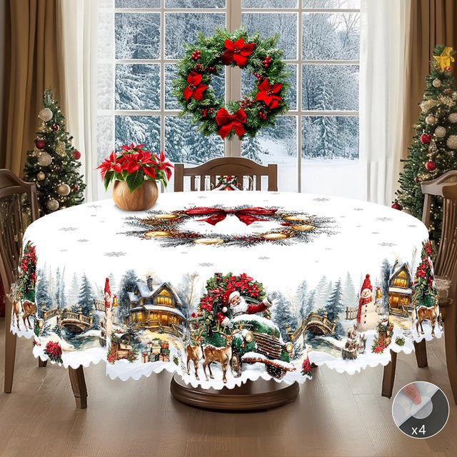 JINGYUE Pet Weihnachts-Tischdecke im Vintage-Bauernhaus-Stil mit Weihnachtsmann, Rentier und Weihnachtsbaum, Weiß, B: 152 cm, T: 220 cm - Bild 1