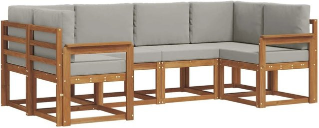 vidaXL Outdoor-Sofagarnitur 6-teilig aus Akazienholz in Natur und Hellgrau mit Kissen und Armlehnen - Bild 1