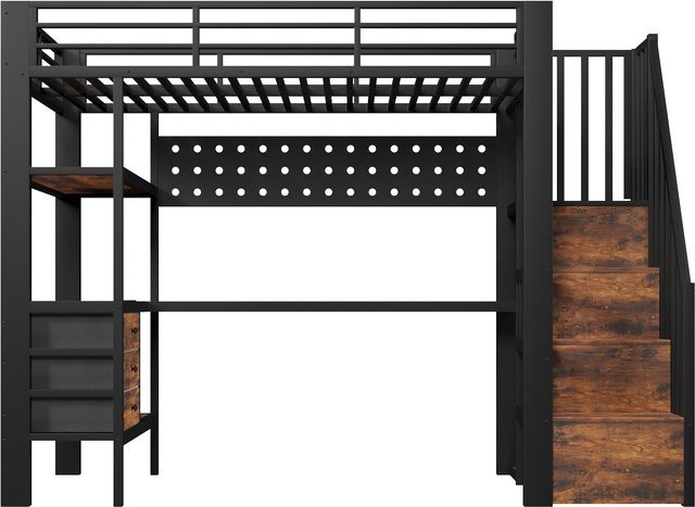 Modernes Hochbett für Kinderzimmer in Schwarz mit Treppe, Stauraum und integrierter Beleuchtung, H x B x T: 170 x 96 x 251 cm - Bild 1