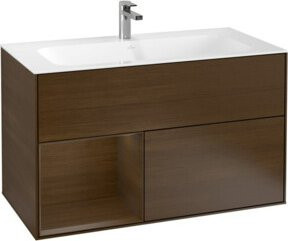 V&B Waschtischunterschrank Finion mit Regal links in Walnussfurnier, Braun, B: 99,6 cm, H: 49,8 cm, T: 99,6 cm - Bild 1